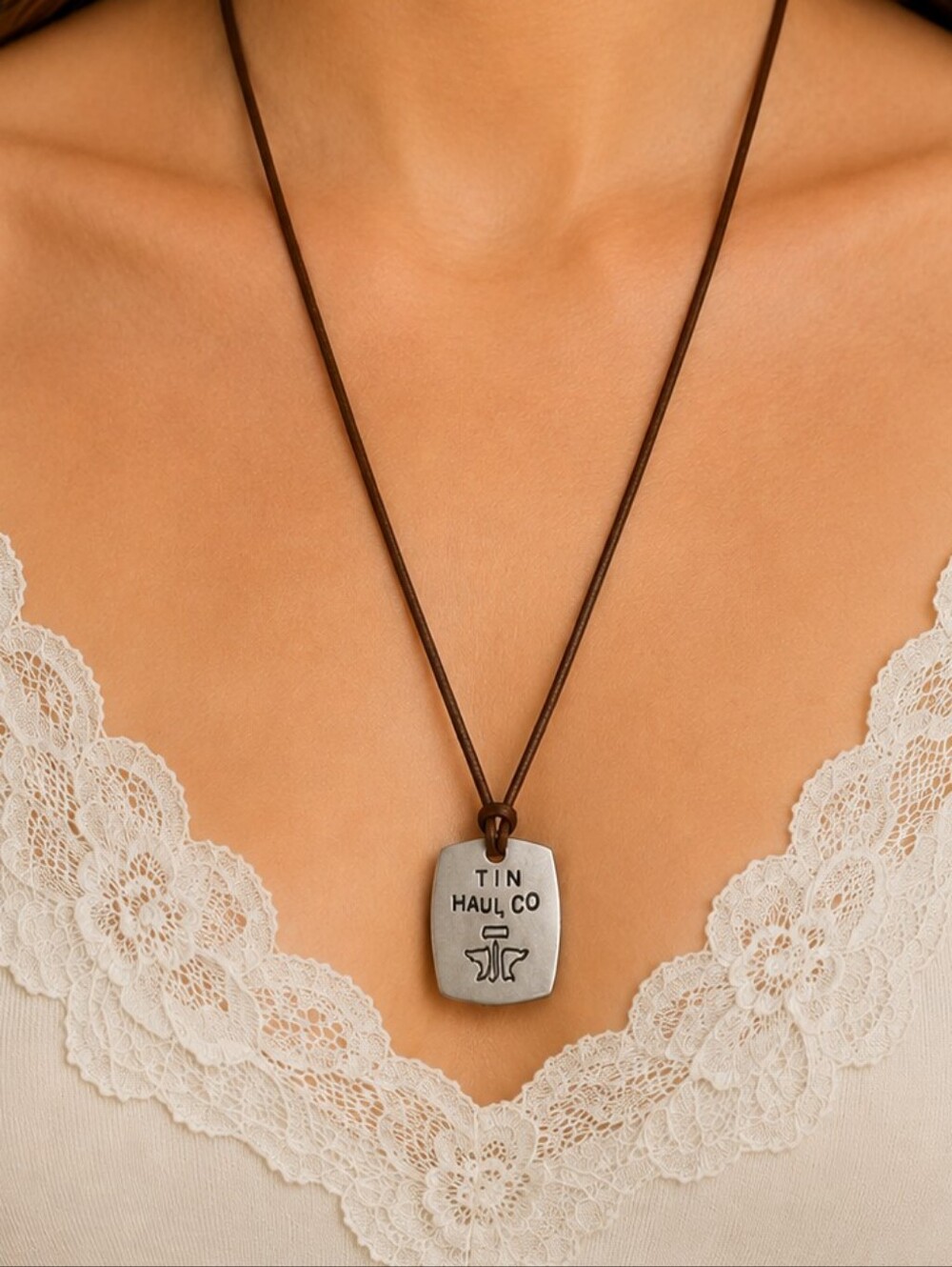 3/$30 Tin Haul Silvertone Logo Pendant Leather Cord Necklace
